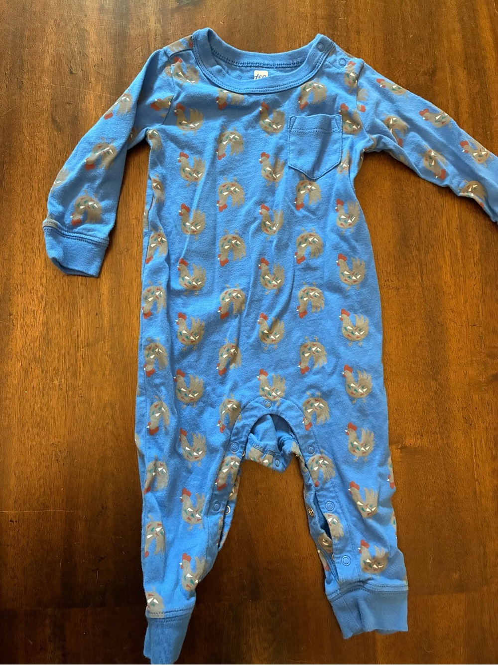 Tea Collection Long Sleeve Pocket Baby Romper 9-12 Months Rooster Rounds Chicken